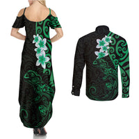 New Zealand Tuatara Plumeria Couples Matching Summer Maxi Dress and Long Sleeve Button Shirt Maori Green Koru Tribal Tattoo