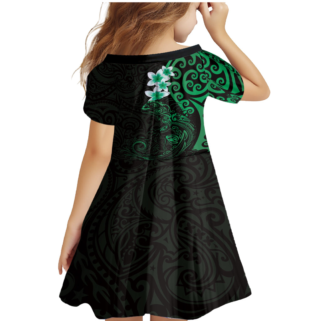 New Zealand Tuatara Plumeria Family Matching Mermaid Dress and Hawaiian Shirt Maori Green Koru Tribal Tattoo