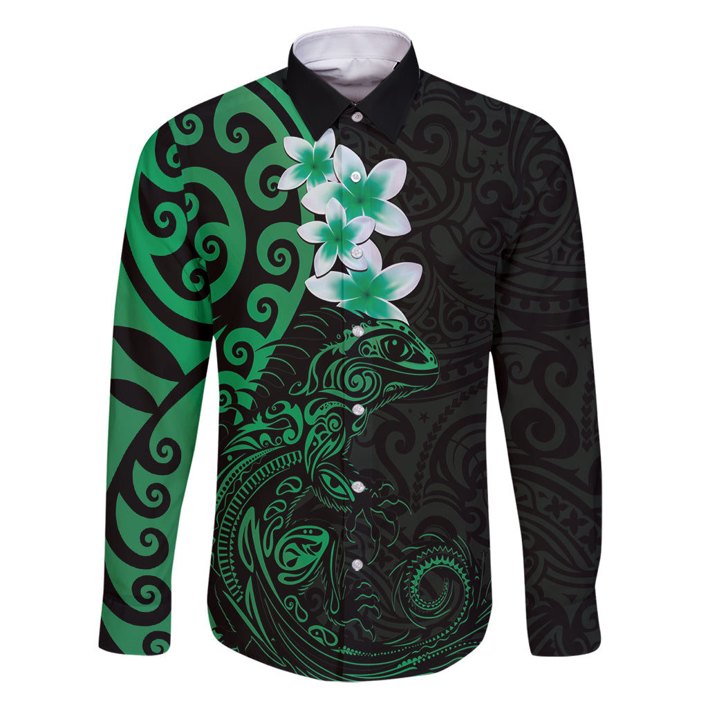 New Zealand Tuatara Plumeria Family Matching Mermaid Dress and Hawaiian Shirt Maori Green Koru Tribal Tattoo