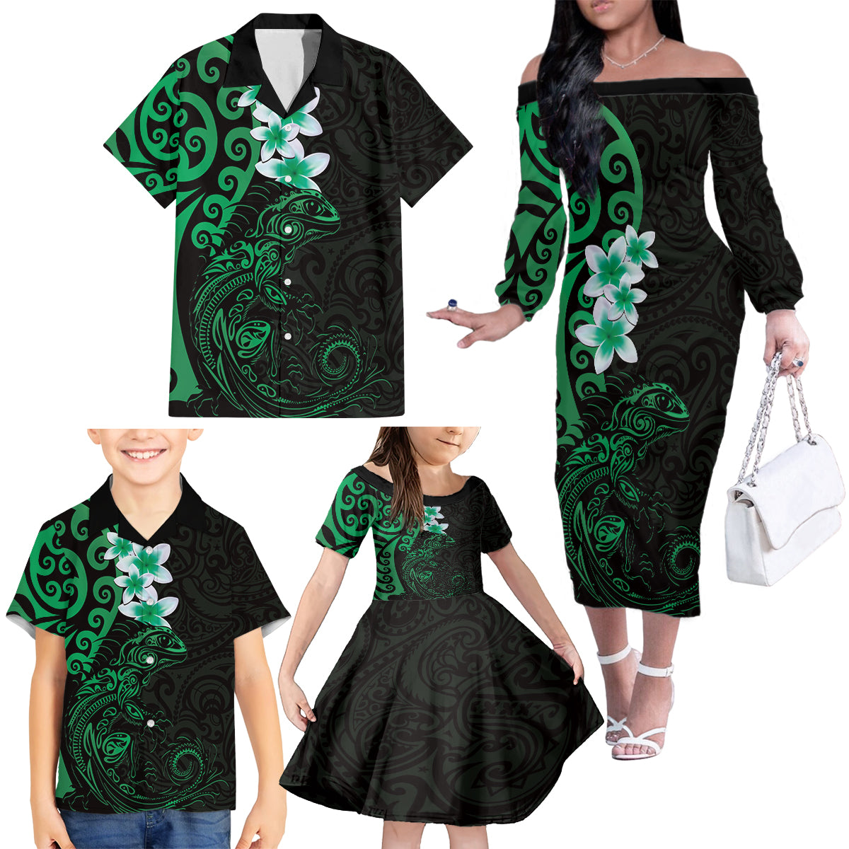 New Zealand Tuatara Plumeria Family Matching Off The Shoulder Long Sleeve Dress and Hawaiian Shirt Maori Green Koru Tribal Tattoo LT01 - Polynesian Pride