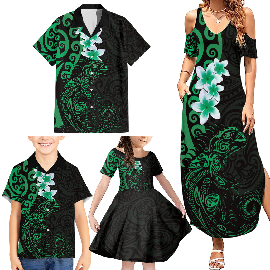 New Zealand Tuatara Plumeria Family Matching Summer Maxi Dress and Hawaiian Shirt Maori Green Koru Tribal Tattoo