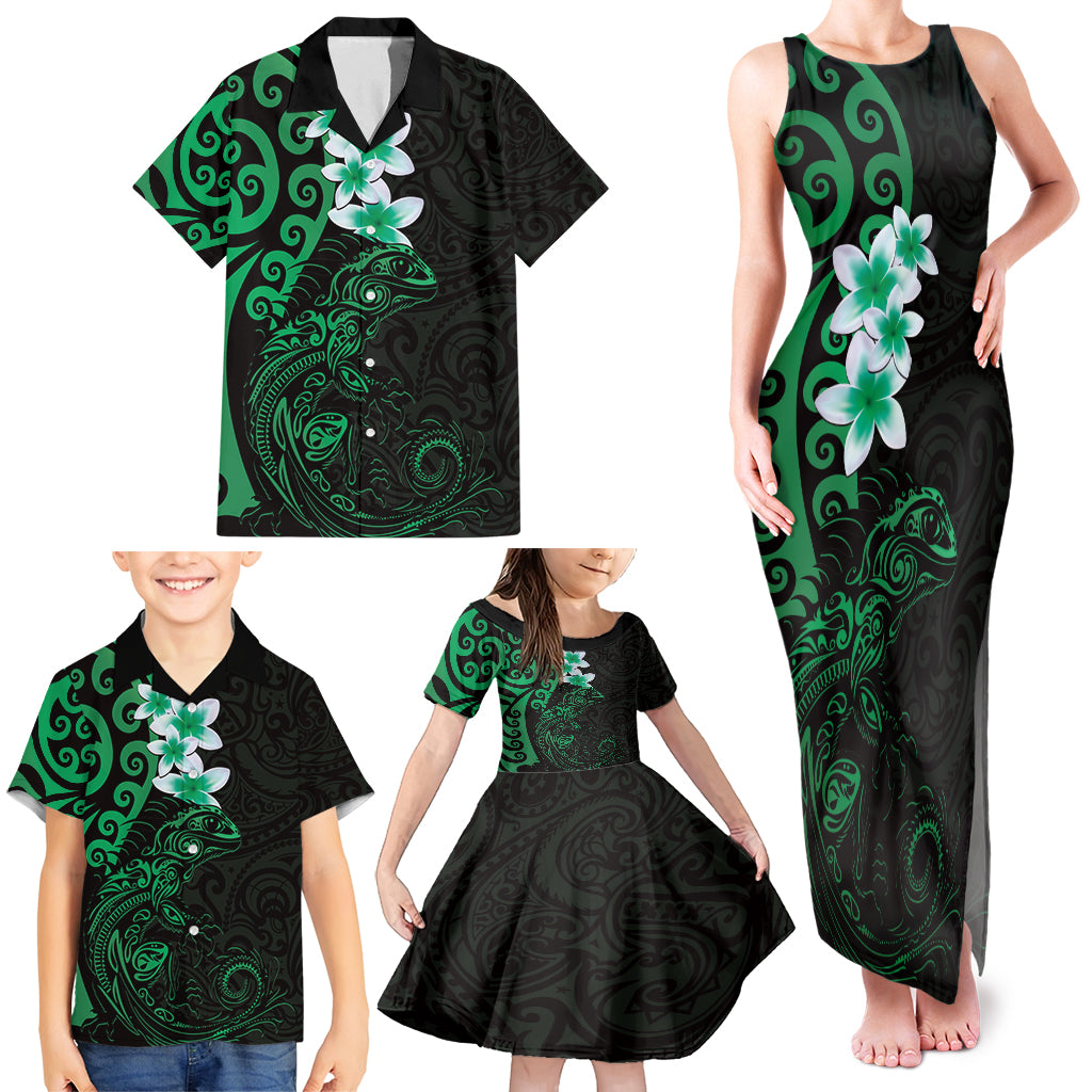 New Zealand Tuatara Plumeria Family Matching Tank Maxi Dress and Hawaiian Shirt Maori Green Koru Tribal Tattoo LT01 - Polynesian Pride