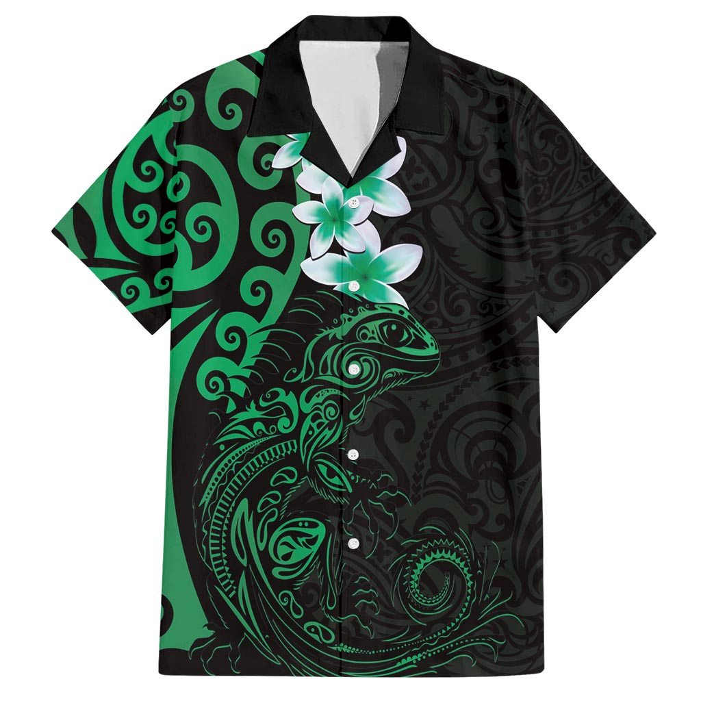 New Zealand Tuatara Plumeria Hawaiian Shirt Maori Green Koru Tribal Tattoo