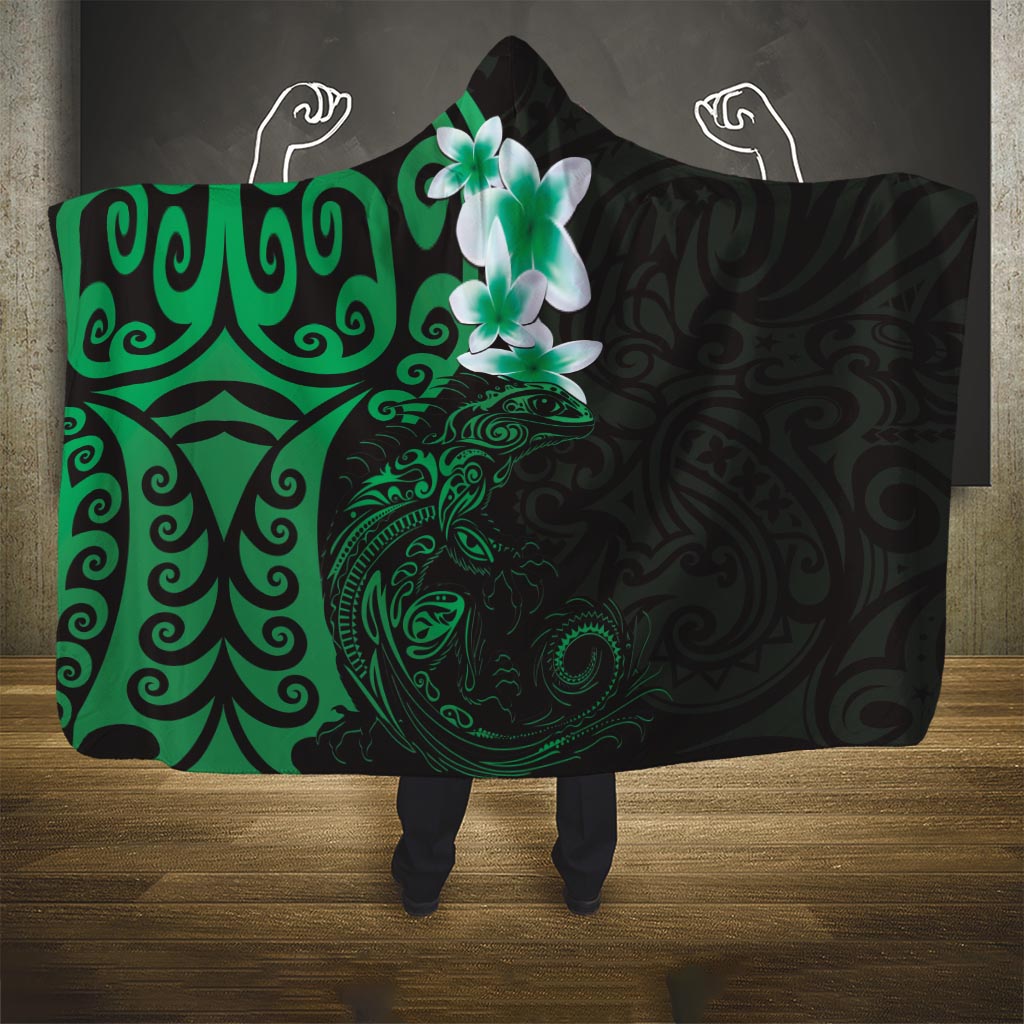 New Zealand Tuatara Plumeria Hooded Blanket Maori Green Koru Tribal Tattoo