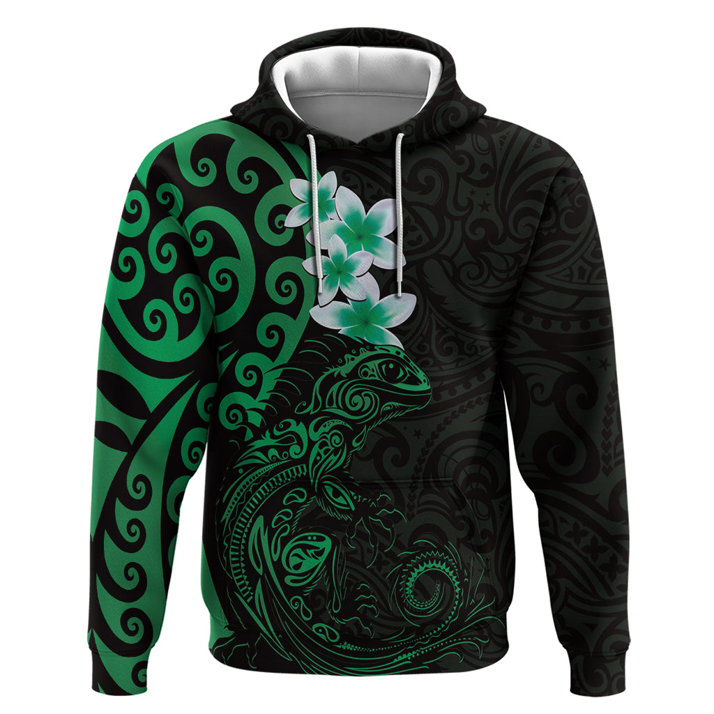 New Zealand Tuatara Plumeria Hoodie Maori Green Koru Tribal Tattoo