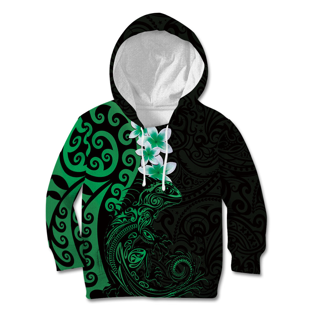 New Zealand Tuatara Plumeria Kid Hoodie Maori Green Koru Tribal Tattoo