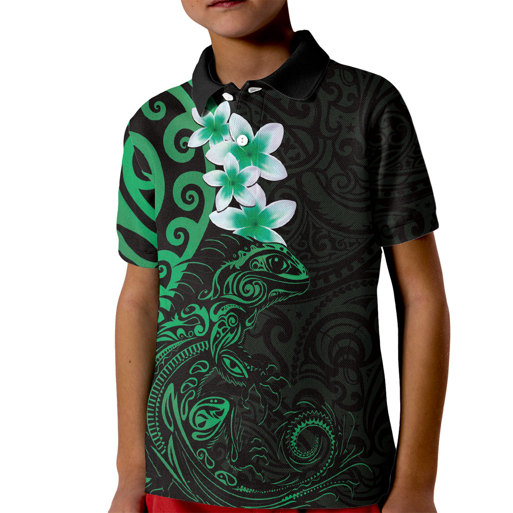 New Zealand Tuatara Plumeria Kid Polo Shirt Maori Green Koru Tribal Tattoo