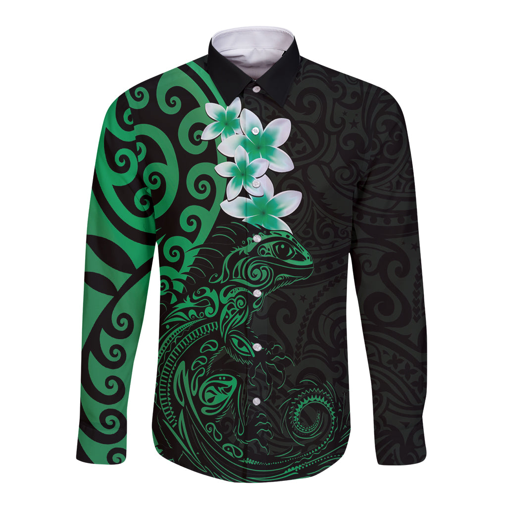 New Zealand Tuatara Plumeria Long Sleeve Button Shirt Maori Green Koru Tribal Tattoo