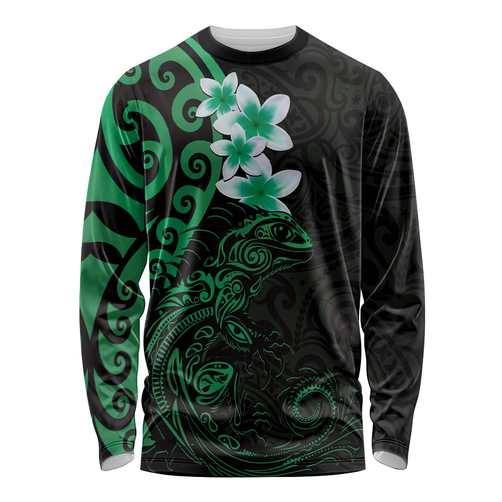 New Zealand Tuatara Plumeria Long Sleeve Shirt Maori Green Koru Tribal Tattoo