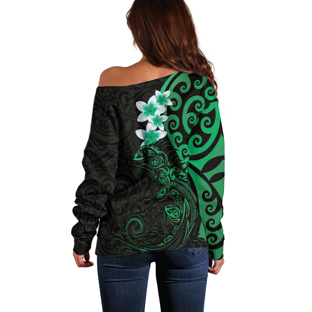 New Zealand Tuatara Plumeria Off Shoulder Sweater Maori Green Koru Tribal Tattoo
