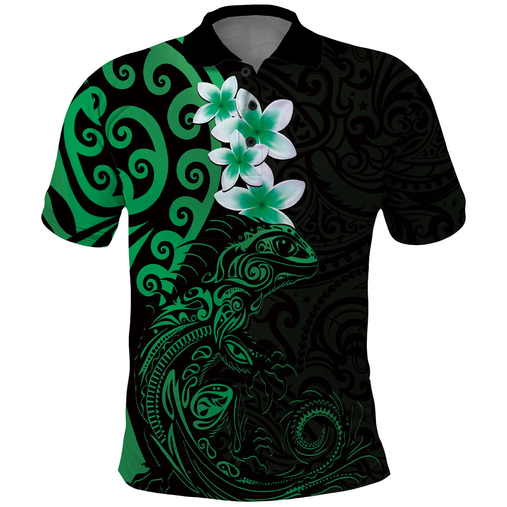 New Zealand Tuatara Plumeria Polo Shirt Maori Green Koru Tribal Tattoo