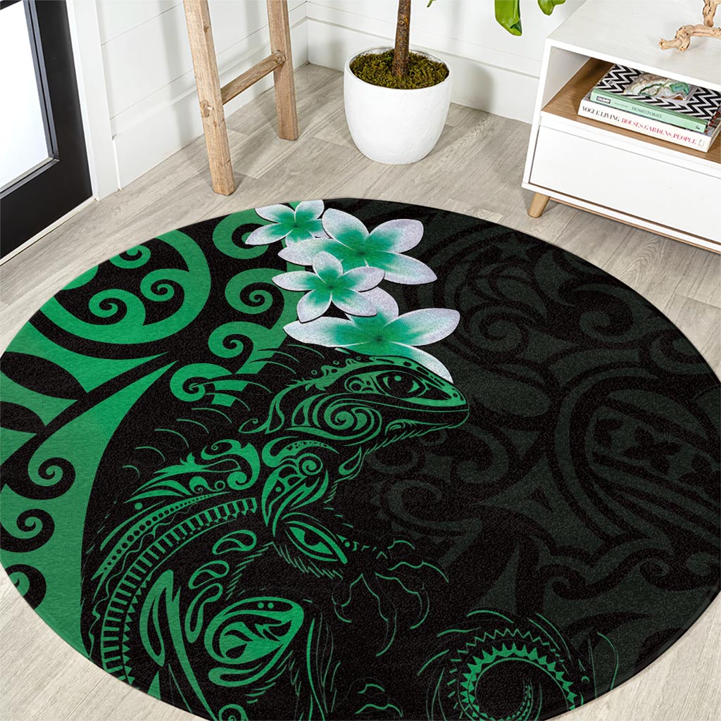 New Zealand Tuatara Plumeria Round Carpet Maori Green Koru Tribal Tattoo