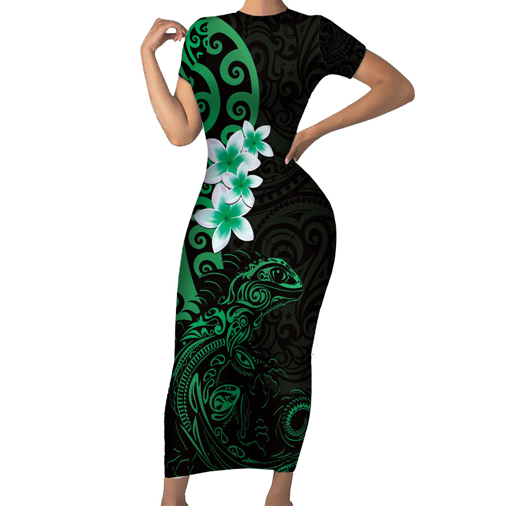 New Zealand Tuatara Plumeria Short Sleeve Bodycon Dress Maori Green Koru Tribal Tattoo