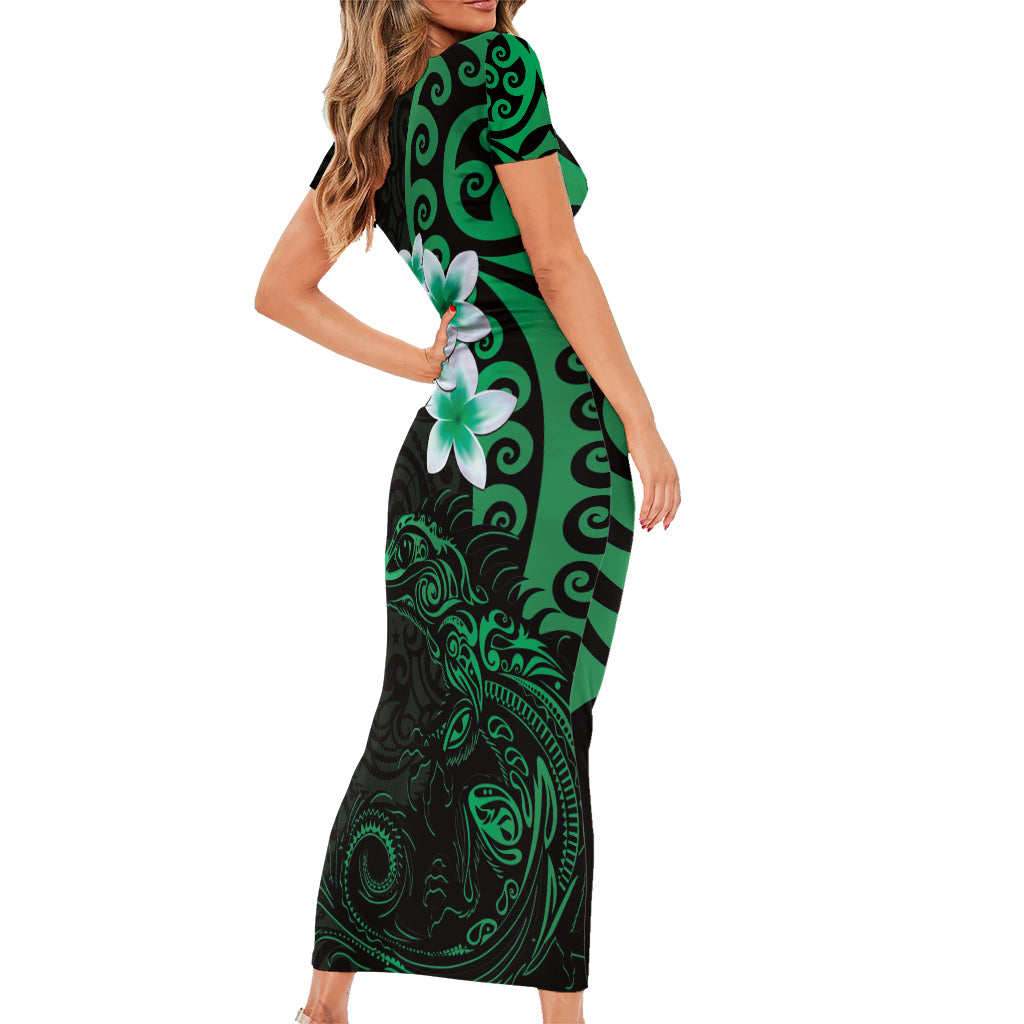 New Zealand Tuatara Plumeria Short Sleeve Bodycon Dress Maori Green Koru Tribal Tattoo