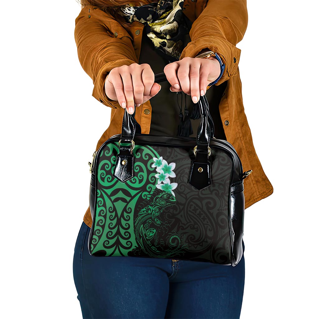 New Zealand Tuatara Plumeria Shoulder Handbag Maori Green Koru Tribal Tattoo