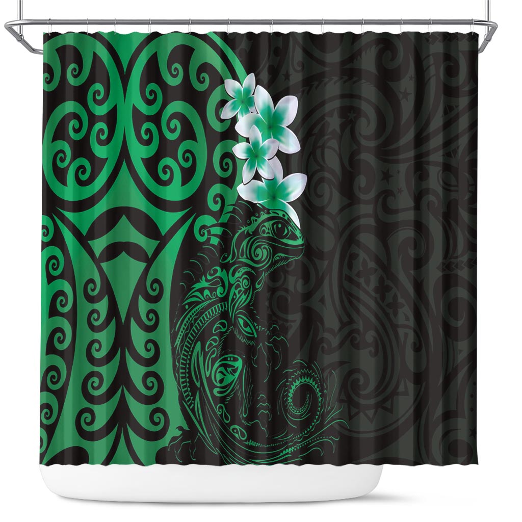 New Zealand Tuatara Plumeria Shower Curtain Maori Green Koru Tribal Tattoo