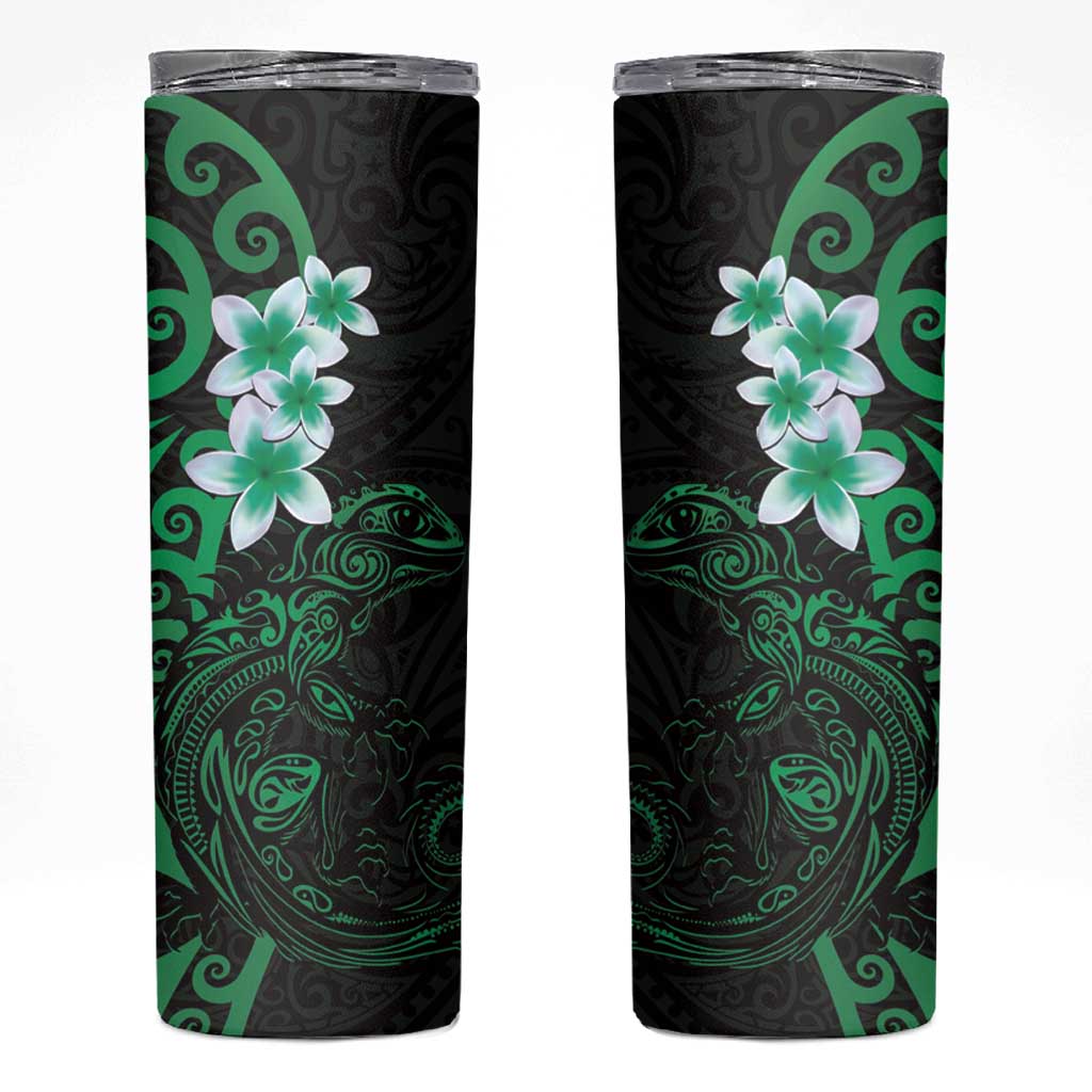 New Zealand Tuatara Plumeria Skinny Tumbler Maori Green Koru Tribal Tattoo