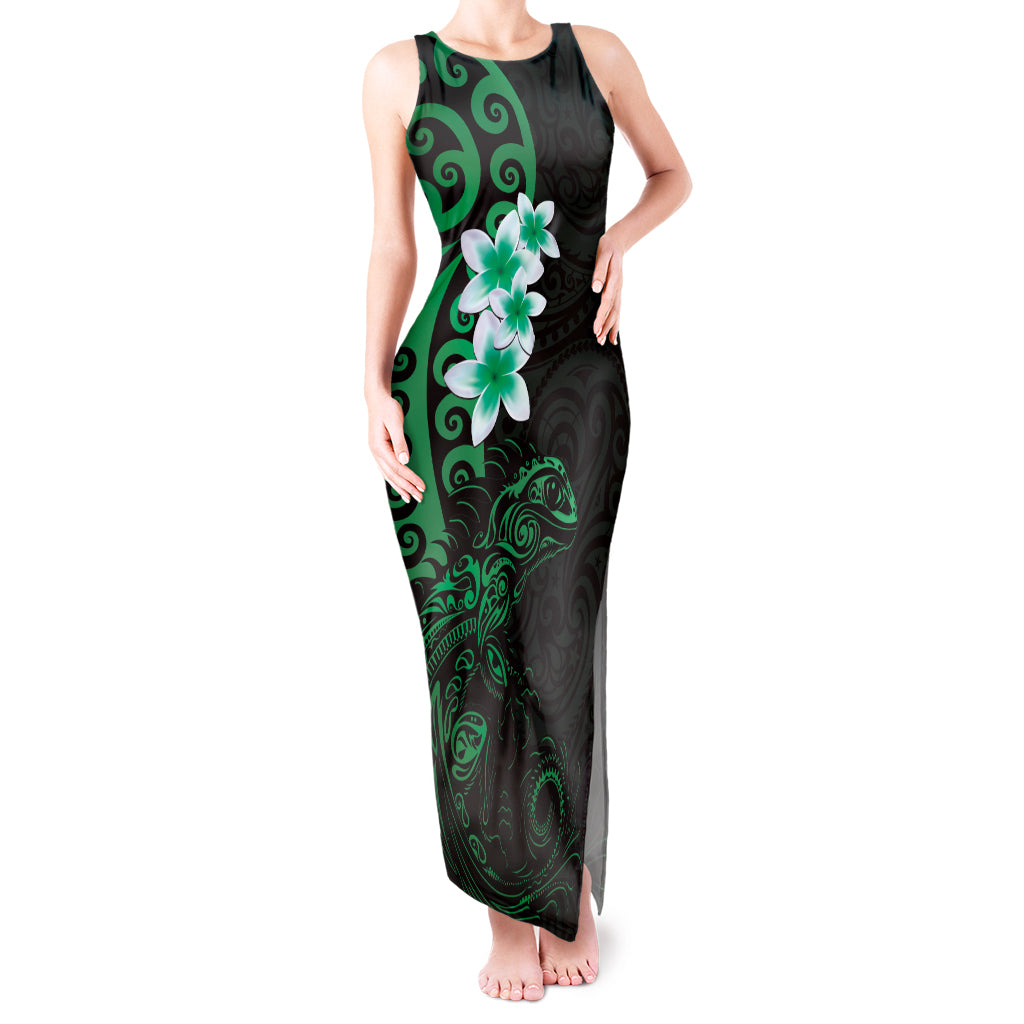 New Zealand Tuatara Plumeria Tank Maxi Dress Maori Green Koru Tribal Tattoo