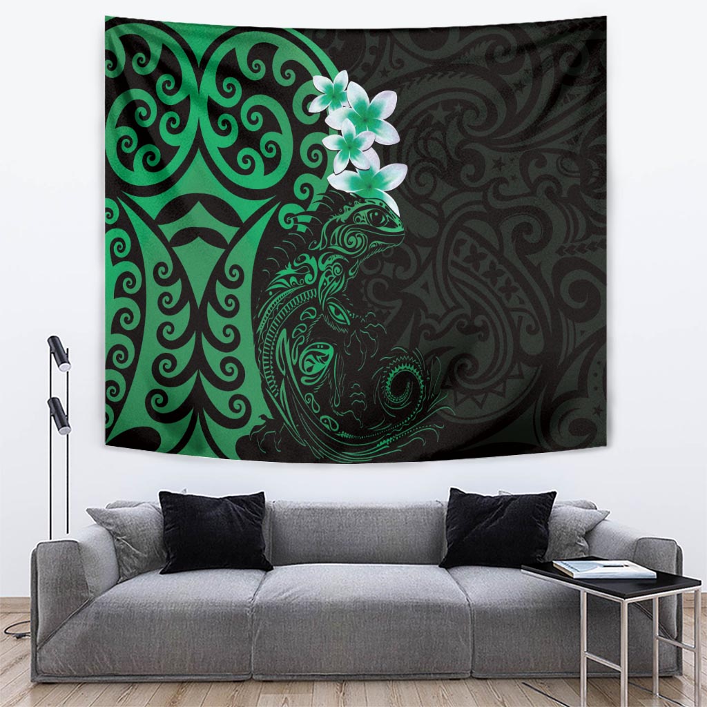 New Zealand Tuatara Plumeria Tapestry Maori Green Koru Tribal Tattoo