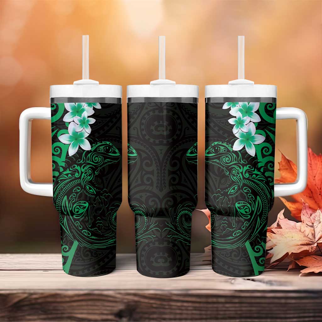 New Zealand Tuatara Plumeria Tumbler With Handle Maori Green Koru Tribal Tattoo