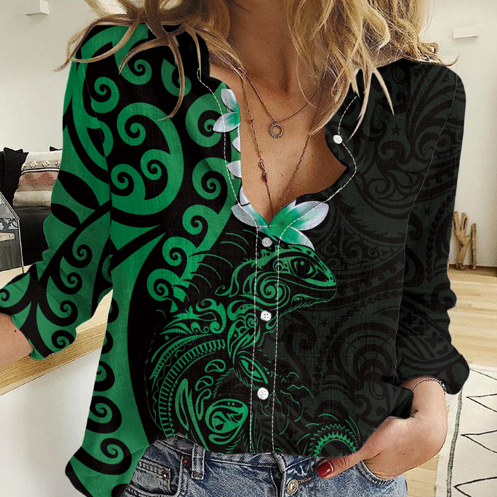 New Zealand Tuatara Plumeria Women Casual Shirt Maori Green Koru Tribal Tattoo