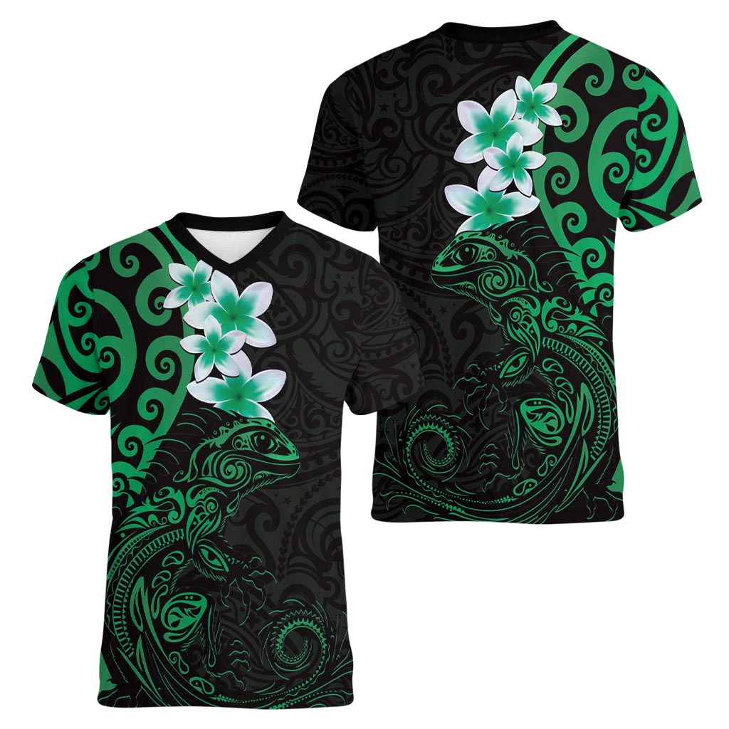 New Zealand Tuatara Plumeria Women V-Neck T-Shirt Maori Green Koru Tribal Tattoo