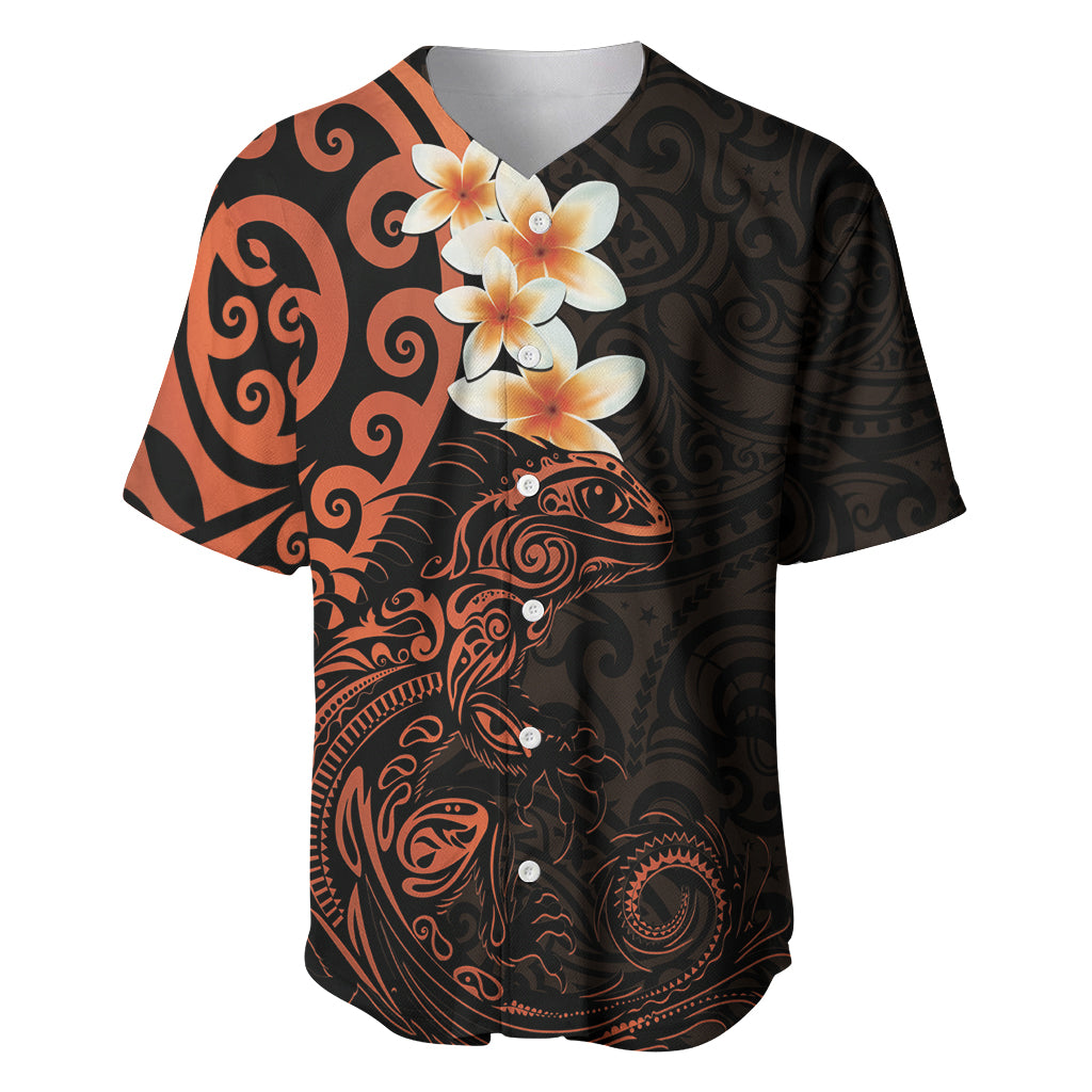 New Zealand Tuatara Plumeria Baseball Jersey Maori Orange Koru Tribal Tattoo
