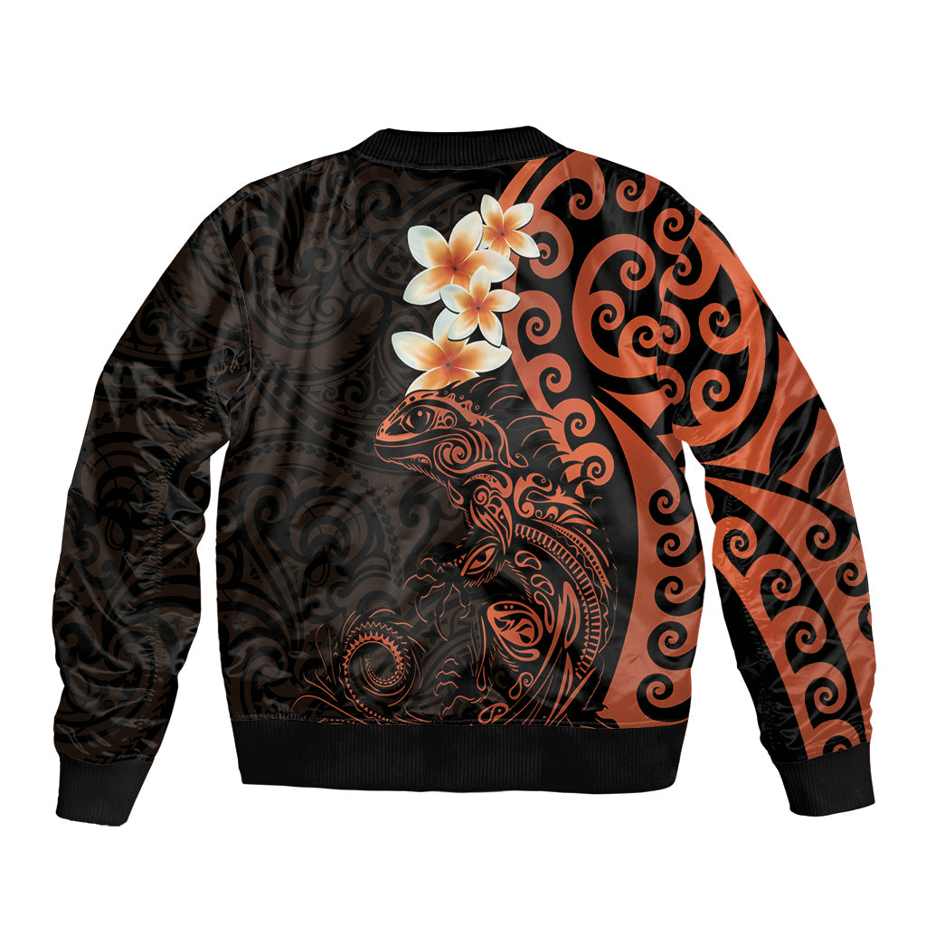 New Zealand Tuatara Plumeria Bomber Jacket Maori Orange Koru Tribal Tattoo LT01 - Polynesian Pride