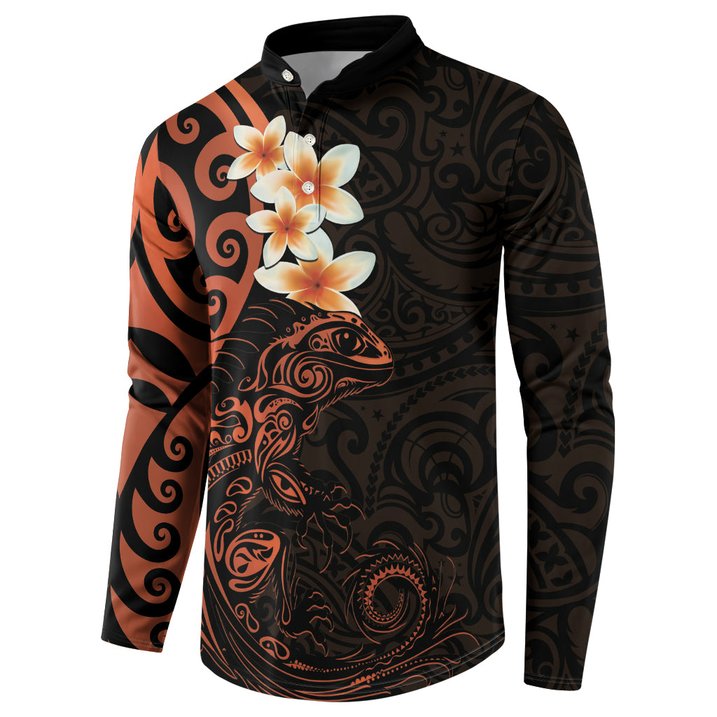 New Zealand Tuatara Plumeria Button Sweatshirt Maori Orange Koru Tribal Tattoo