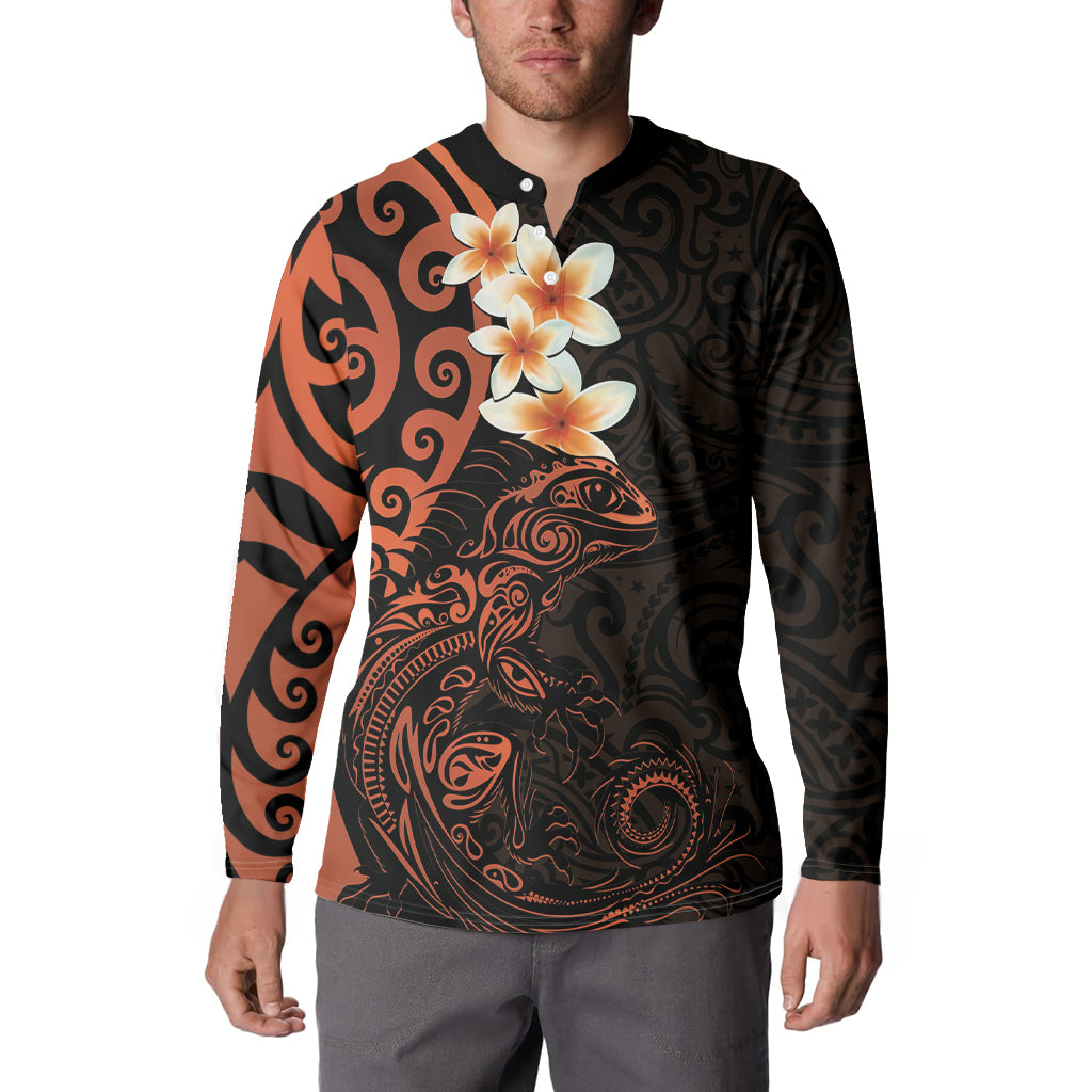 New Zealand Tuatara Plumeria Button Sweatshirt Maori Orange Koru Tribal Tattoo