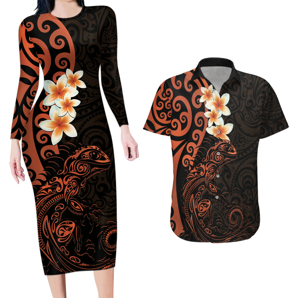 New Zealand Tuatara Plumeria Couples Matching Long Sleeve Bodycon Dress and Hawaiian Shirt Maori Orange Koru Tribal Tattoo