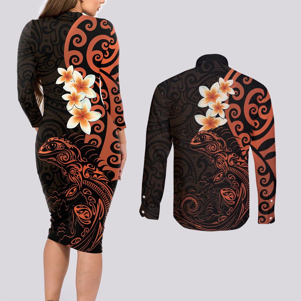 New Zealand Tuatara Plumeria Couples Matching Long Sleeve Bodycon Dress and Long Sleeve Button Shirt Maori Orange Koru Tribal Tattoo