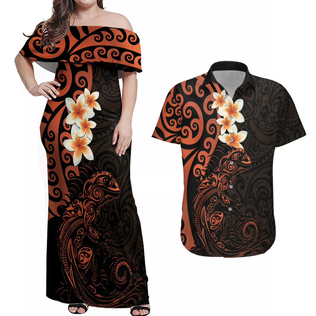 New Zealand Tuatara Plumeria Couples Matching Off Shoulder Maxi Dress and Hawaiian Shirt Maori Orange Koru Tribal Tattoo