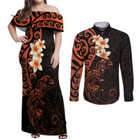New Zealand Tuatara Plumeria Couples Matching Off Shoulder Maxi Dress and Long Sleeve Button Shirt Maori Orange Koru Tribal Tattoo
