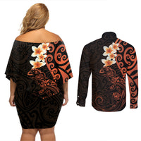 New Zealand Tuatara Plumeria Couples Matching Off Shoulder Short Dress and Long Sleeve Button Shirt Maori Orange Koru Tribal Tattoo