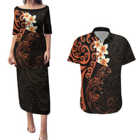 New Zealand Tuatara Plumeria Couples Matching Puletasi and Hawaiian Shirt Maori Orange Koru Tribal Tattoo