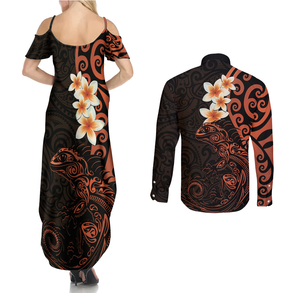 New Zealand Tuatara Plumeria Couples Matching Summer Maxi Dress and Long Sleeve Button Shirt Maori Orange Koru Tribal Tattoo