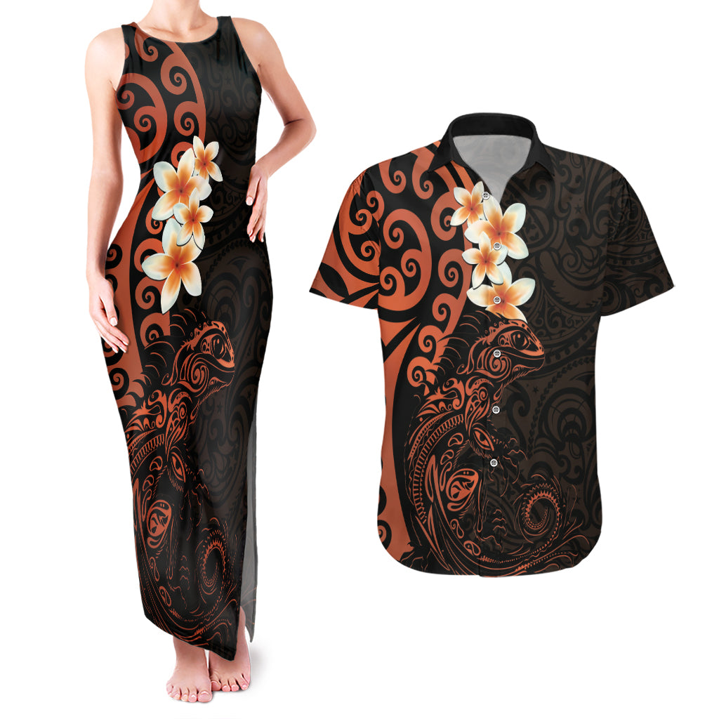 New Zealand Tuatara Plumeria Couples Matching Tank Maxi Dress and Hawaiian Shirt Maori Orange Koru Tribal Tattoo