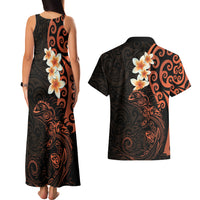 New Zealand Tuatara Plumeria Couples Matching Tank Maxi Dress and Hawaiian Shirt Maori Orange Koru Tribal Tattoo
