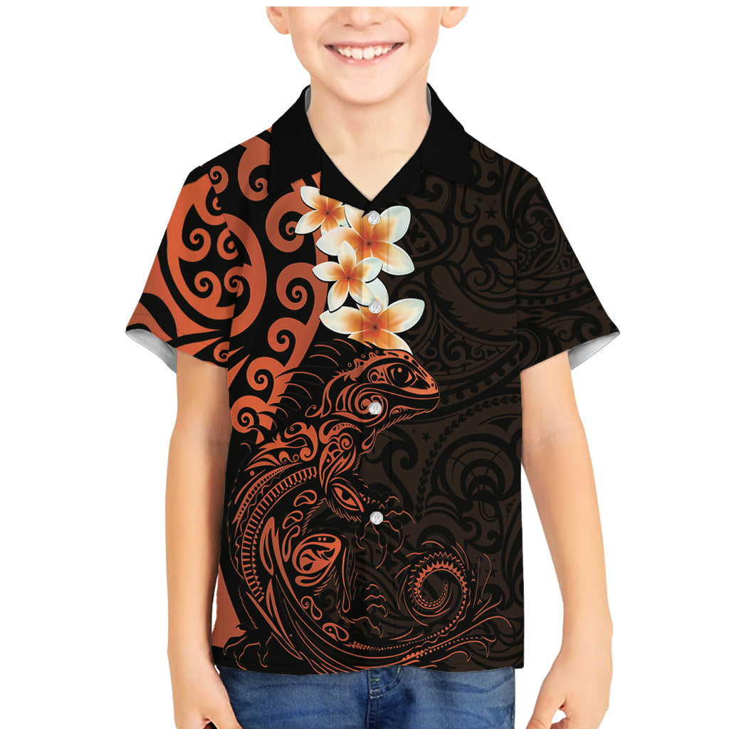 New Zealand Tuatara Plumeria Family Matching Mermaid Dress and Hawaiian Shirt Maori Orange Koru Tribal Tattoo