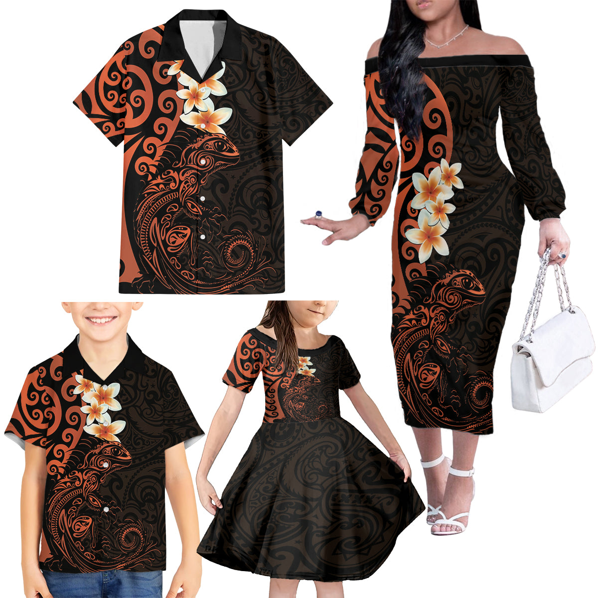 New Zealand Tuatara Plumeria Family Matching Off The Shoulder Long Sleeve Dress and Hawaiian Shirt Maori Orange Koru Tribal Tattoo LT01 - Polynesian Pride