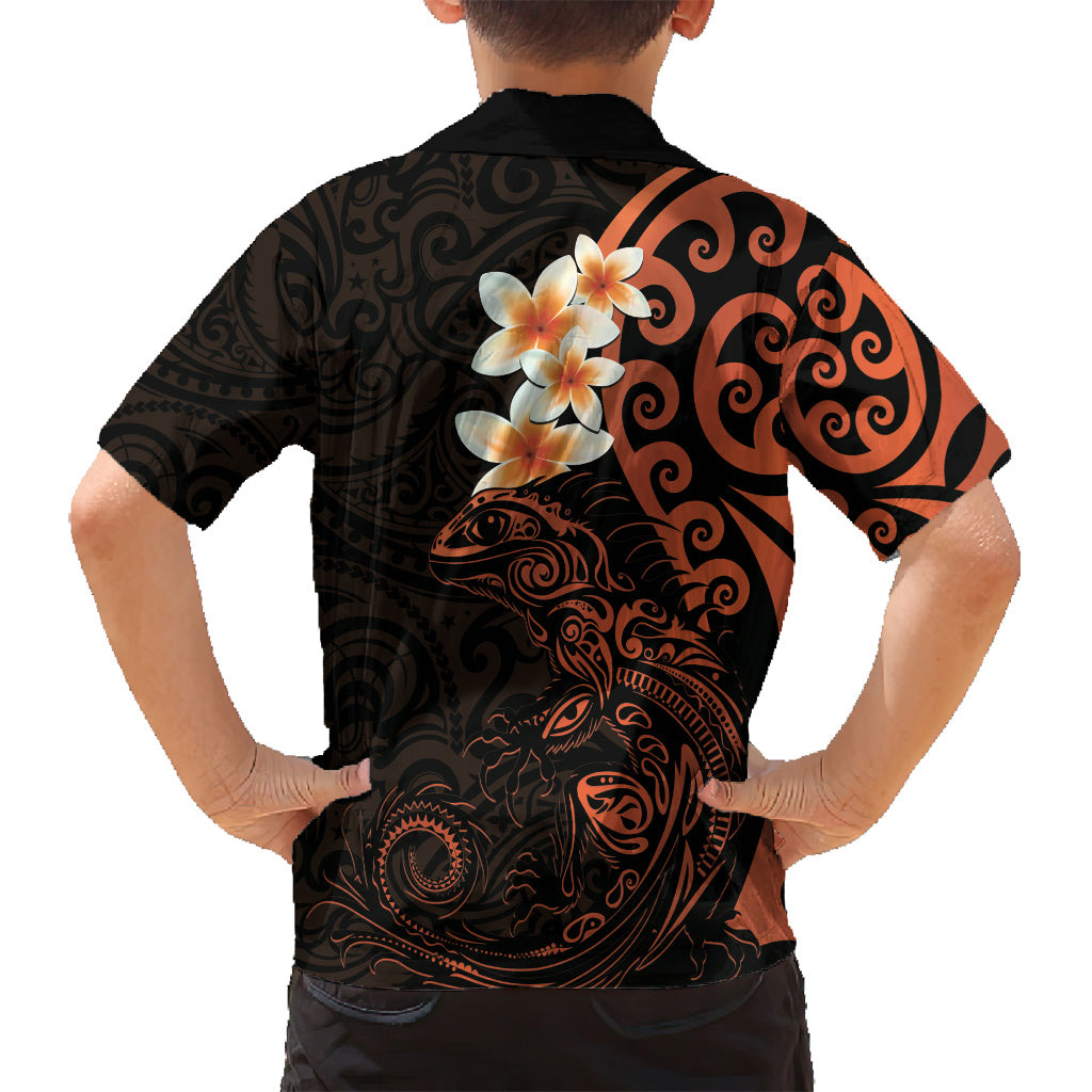 New Zealand Tuatara Plumeria Family Matching Off Shoulder Maxi Dress and Hawaiian Shirt Maori Orange Koru Tribal Tattoo