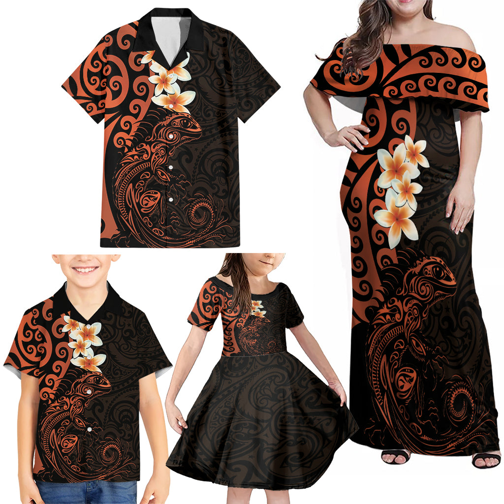 New Zealand Tuatara Plumeria Family Matching Off Shoulder Maxi Dress and Hawaiian Shirt Maori Orange Koru Tribal Tattoo