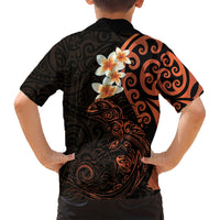 New Zealand Tuatara Plumeria Family Matching Off Shoulder Short Dress and Hawaiian Shirt Maori Orange Koru Tribal Tattoo