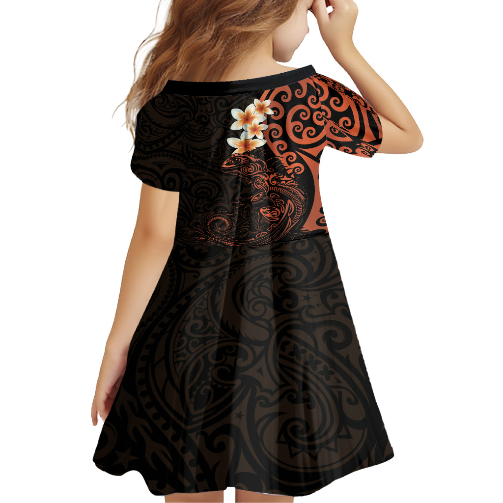 New Zealand Tuatara Plumeria Family Matching Off Shoulder Short Dress and Hawaiian Shirt Maori Orange Koru Tribal Tattoo