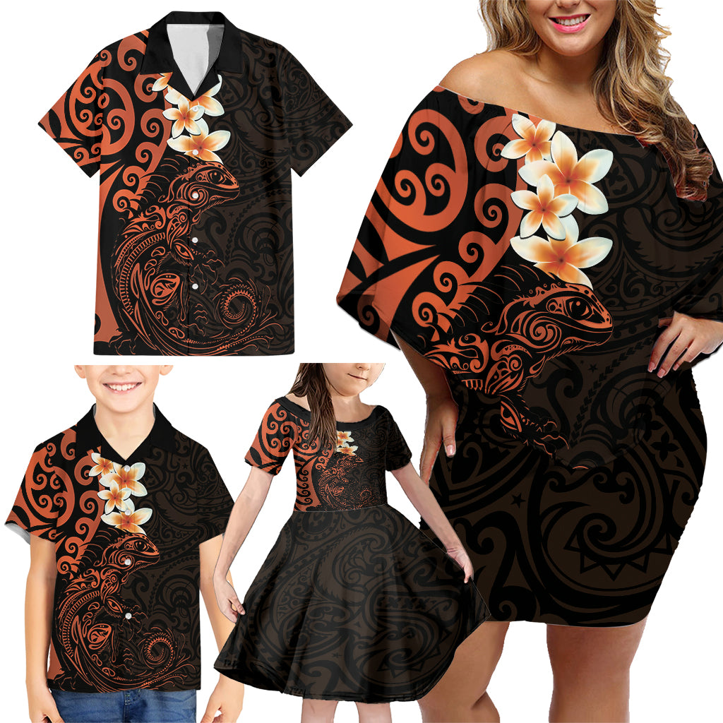 New Zealand Tuatara Plumeria Family Matching Off Shoulder Short Dress and Hawaiian Shirt Maori Orange Koru Tribal Tattoo