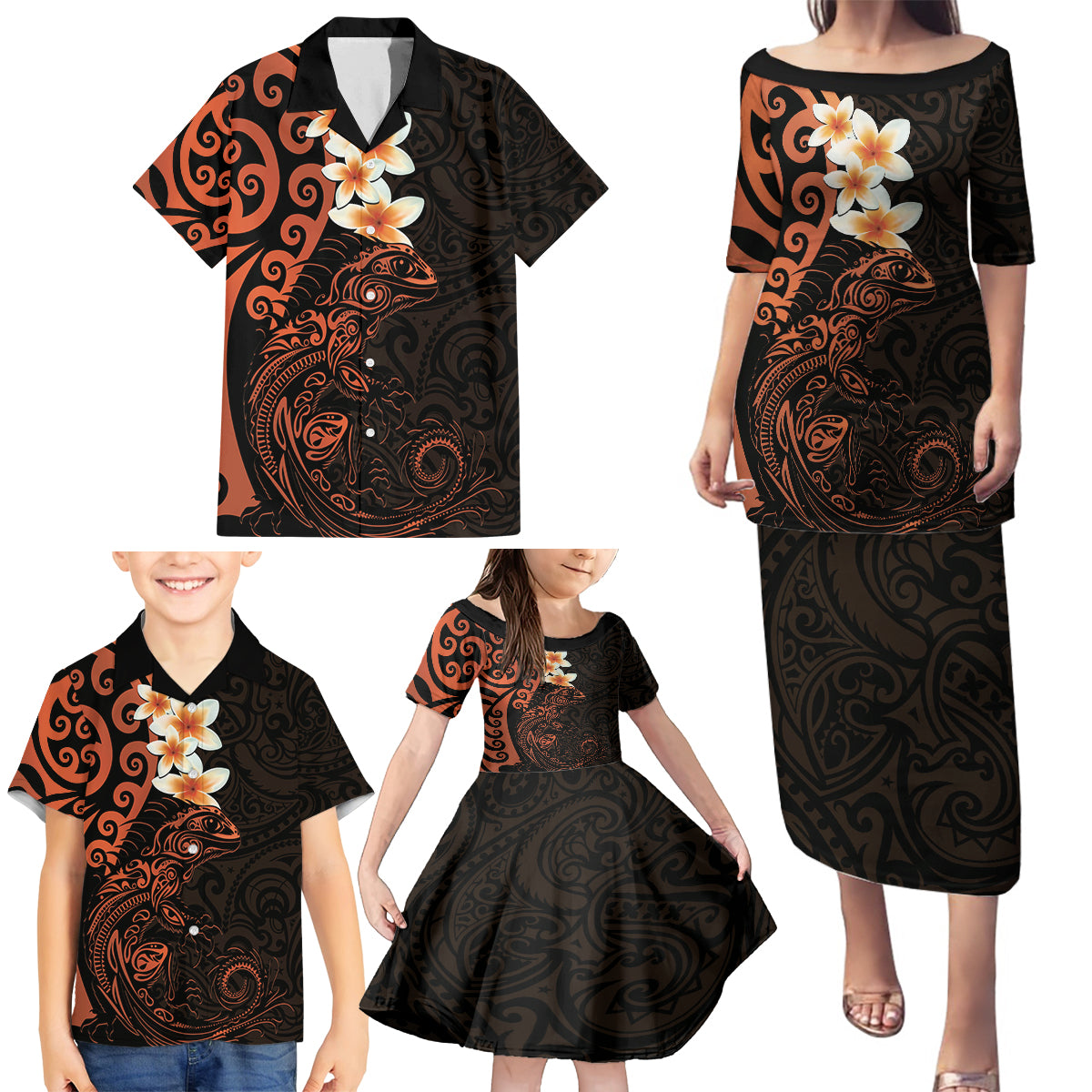 New Zealand Tuatara Plumeria Family Matching Puletasi and Hawaiian Shirt Maori Orange Koru Tribal Tattoo