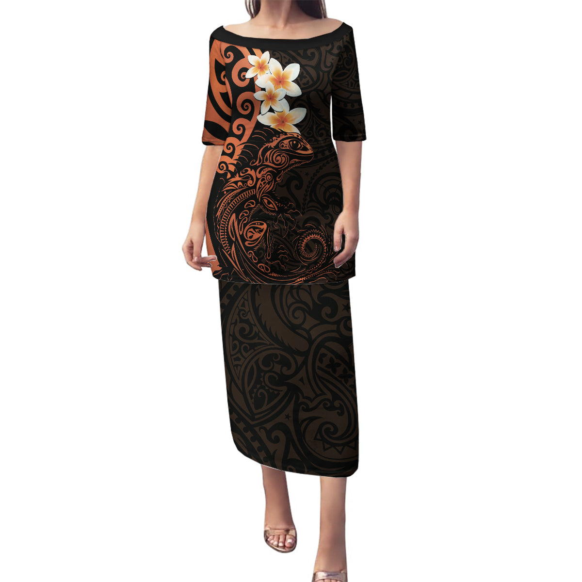 New Zealand Tuatara Plumeria Family Matching Puletasi and Hawaiian Shirt Maori Orange Koru Tribal Tattoo