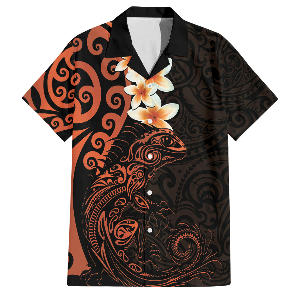 New Zealand Tuatara Plumeria Family Matching Tank Maxi Dress and Hawaiian Shirt Maori Orange Koru Tribal Tattoo