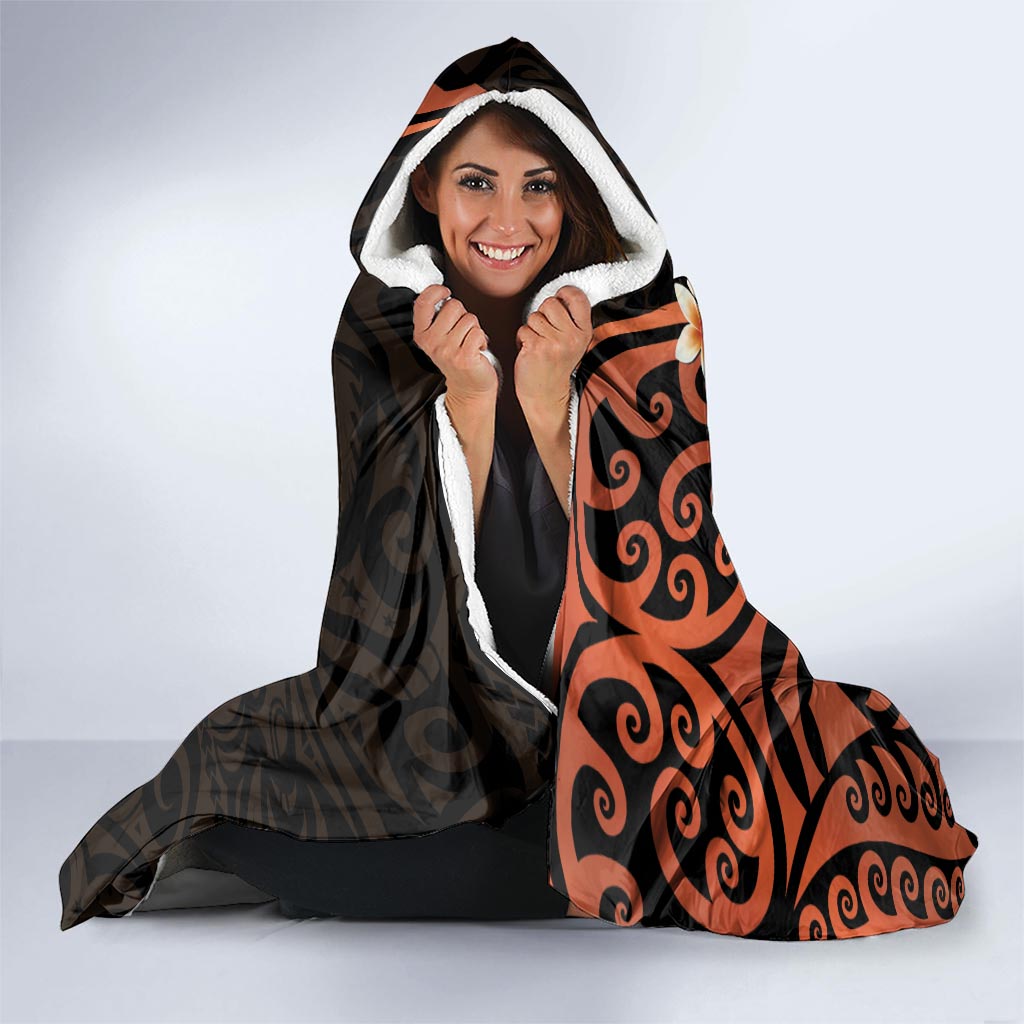 New Zealand Tuatara Plumeria Hooded Blanket Maori Orange Koru Tribal Tattoo